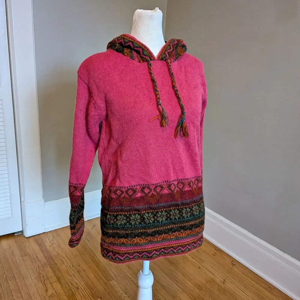 Inka Tradition Baby Alpaca Peruvian Fair Isle Sweater, Hoodie Handmade, Size S